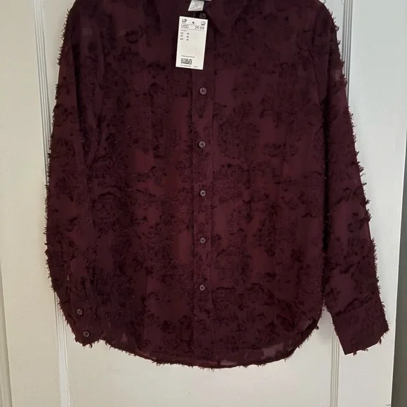 H&M Jacquard Weave Textured Burgundy Button-Up Blouse - Picture 6 of 12